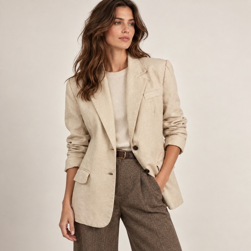 Gap Blazer Jacket Women S Beige Vintage 90s Linen Cotton Blend preppy Minimalist